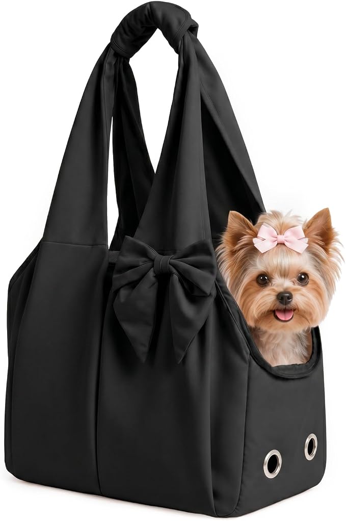 Fashion Dog Purse Carrier for Small Dogs, Soft-Sided Dog Bag Carrier with 4 Large Pockets, No Collapse, Lightweight, Smart Zipper Lock, Puppy Tote Bag for Cats Rabbit Carrier for Travel(Black)