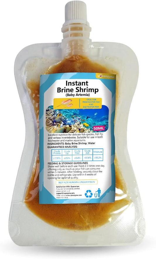Instant Baby Brine Shrimp Fish Food - No Hatch High Protein Fry Food with Astaxanthin for Betta, Guppy, Discus, Tropical Fish, Corals, Jellyfish & Seahorses in Saltwater & Freshwater Aquarium (50ml)