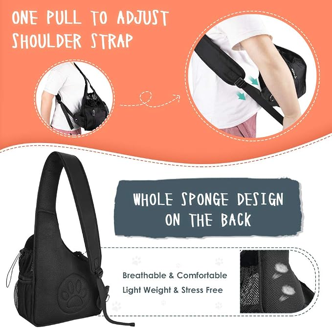 SlowTon Dog Sling Carrier, Hands Free Hard Bottom for Small Dogs up to 6 lb | Breathable Mesh Support, Adjustable Padded Strap, with Pocket Safety Belt, Machine Washable, for Small Animal Puppy, Black