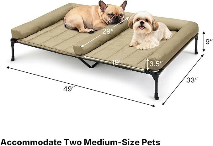 Veehoo Elevated Dog Bed for 2 Dogs, Cooling Raised Dog Bed with Bolster Mat | Outdoor Double Dog Bed with Removable Waterproof Cushion, Breathable Mesh, Non-Slip Feet for Outdoor & Indoor, 49", Beige