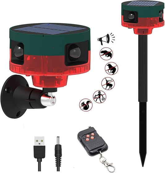 HULPPRE Solar Outdoor Motion Sensor Alarm-Dog Barking&Gunshot Sound,130db Loud Noise Maker,Support Recording,13 Kinds of Sound Strobe Light with USB,Say Goodbye to The Intruders