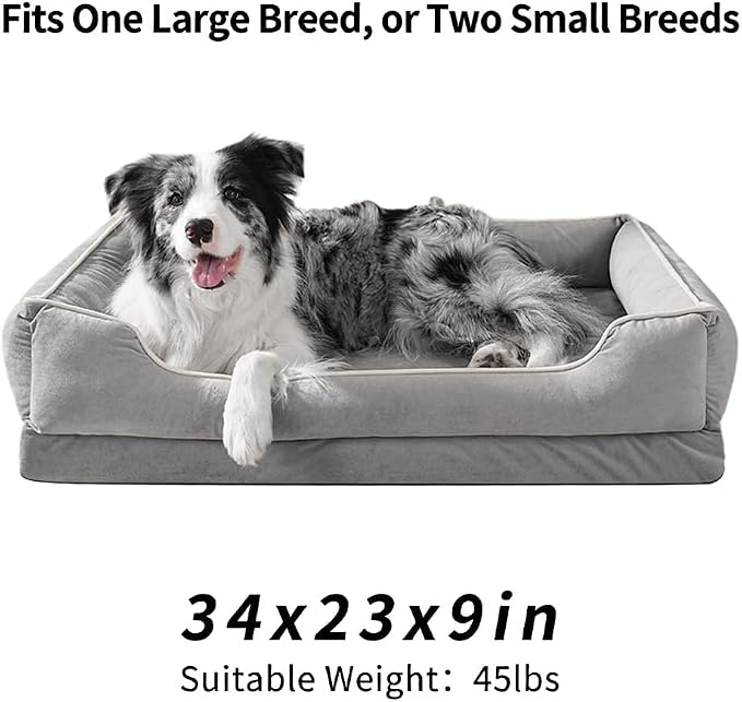 FAIRYPET Orthopedic Dog Bed for Medium to Large Dogs & Cats, Memory Foam Dog Bed with Washable Removable Cover, Top-Grade Dutch Velvet Fabric Pet Sofa Couch for Crate with Nonskid Bottom, Grey