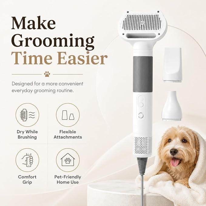 Pet Hair Dryer with Grooming Brush, Dog Blow Dryer, 3-in-1 Cat Blower, Grey | 110,000 RPM Pet Blower with One-Click Hair Removal, 3 Heat & 2 Speed Settings for Professional Home Grooming