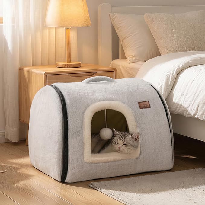 cat Bed cave-cat beds for Indoor Cats,Soft and Comfortable,Cute cat House,with Removable Washable Cushioned Pillow,Enclosed cat Bed,Kitty pet hut、Hideaway,Small Dog Tent,Grey