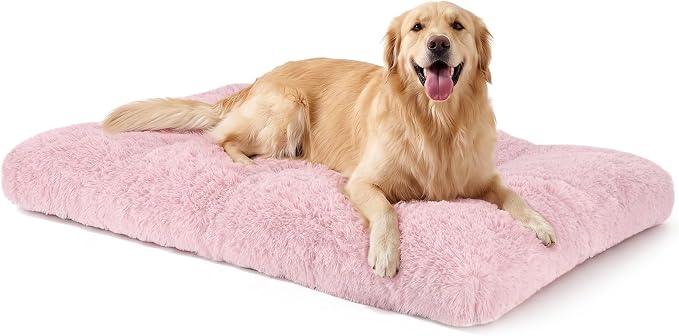 JOEJOY Large Dog Bed Crate Pad, Deluxe Plush Washable Dog Beds Fulffy Soft Kennel Pad Anti-Slip Pet Sleeping Mat for Extra Large Medium Small Dogs, 44" x 32", Pink