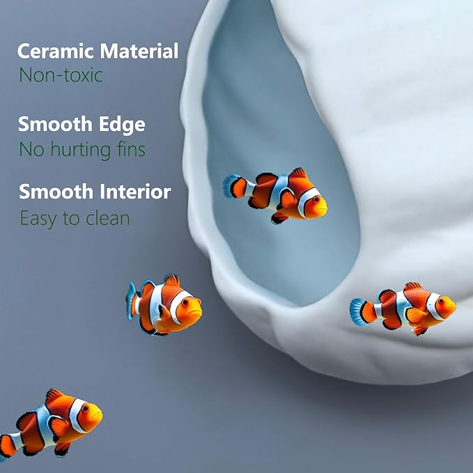 Ocean Theme Aquarium Decor 4-Piece Set: Ceramic Shell Cave, Resin Coral & Starfish, Cute Mermaid Figurine - Hideout & Ornament for Betta Fish, Shrimp, Small Fish Tank