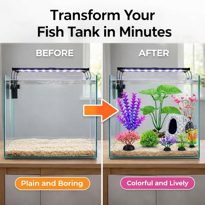 9 Pack Fish Tank Decorations Set Aquarium Decor Rock Cave Hideout, Artificial Aquarium Plants Plastic Betta Leaf Hammock Goldfish Betta Fish Tank Accessories Small Large Fish Bowl Ornaments