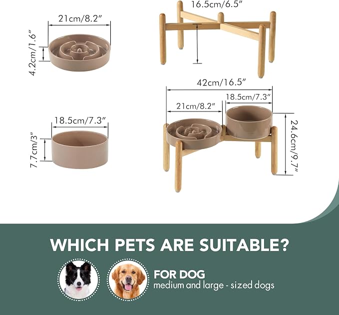Havniva Elevated Slow Feeder Dog Bowls, Ceramic Dog Bowl Slow Feeder Set | 1.6 Cups Raised Slow Feeder Dog Bowl for Medium Breed, 7.3” Dog Water Bowl with Wooden Stand, Puzzle Dog Food Bowl, Non-slip