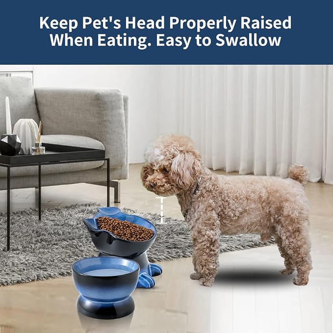 Nihow Dog Food & Water Bowls: Elevated Ceramic Bowls for Medium/Small Dog | Food Safe Raised Puppy Bowls - Vivid Blue Pet Bowl for Protecting Pet's Spine (Set of 2)