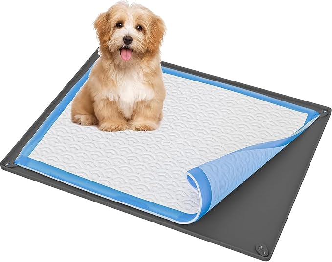 Skywin Dog Pee Pad Holder Tray Fits for 28” x 30” Pee Pads - 1 Pack - Grey | Corner Lock Holes, Raised Edges, Non-Spill, Easy to Clean Silicone Dog Potty Tray Holder, For Indoor Floor Protection