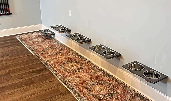 Chic, Floating, Wood, Height-Flexible Wall Mount Dog/Cat/Pet Food & Water Bowl Holder/Feeder, 2 S.S. Dishwasher-Safe Bowls (~ 1 Quart / 32 oz / 900 ml) for Mid-Size Pets. 2-Screw Installation.