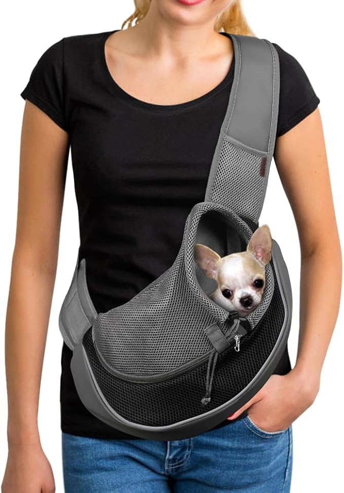 YUDODO Pet Sling Carrier for 10-15 lbs Small Dogs Puppy Crossbody Carrier | Hands-Free, Safety Hook, Large Zipper Pocket, Soft Breathable Mesh, Adjustable Strap, Reflective Strip, Black, L