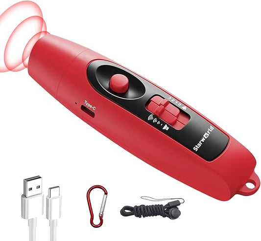 StarWorld Rechargeable Bear Horn - 120dB Electronic Air Horn for Bears with 4 Volume Levels & 3 Tones, Audible 0.5 Miles, LED Safety Light for Hiking, Camping, Wildlife Defense (red)