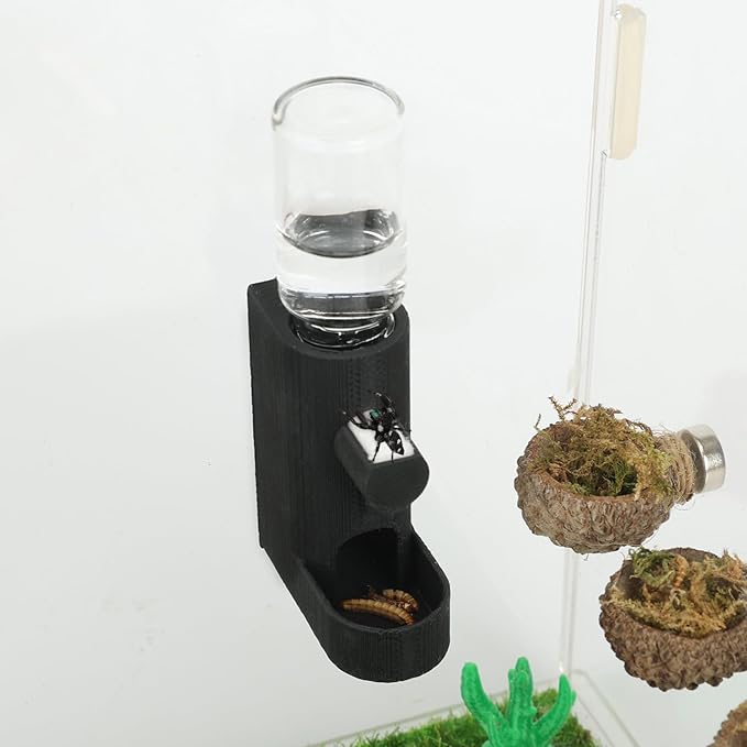 Small Animal Water Feeder, Magnetic Hanging Feeder & Hidden Cave - Accessories for Jumping Spiders, Wolf Spiders, Mantises, Arboreal Animals & Other Small Creatures - 5ML Capacity (Black)