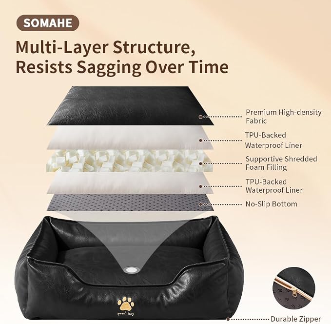 SOMAHE Waterproof Leather Dog Bed, Bolster Couch, 24x19x9 Black | Wipe-Clean Waterproof Leather + Removable Cushion: raised bolsters create a cozy bed for small-medium dogs.