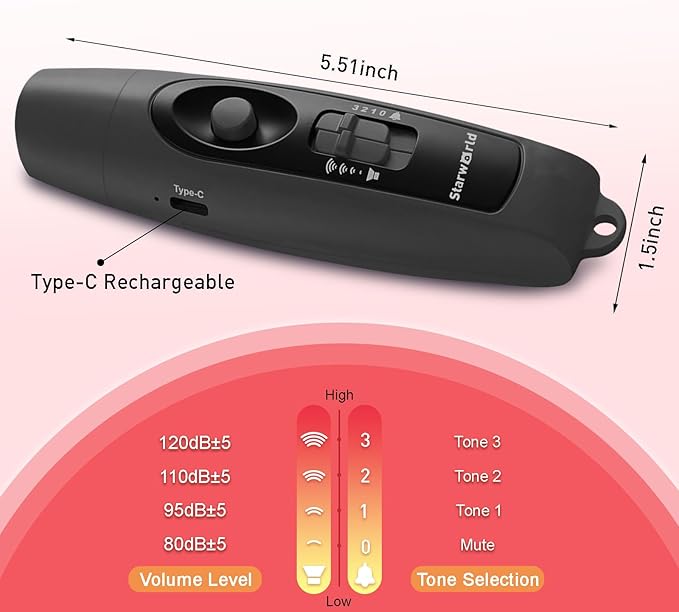 StarWorld Rechargeable Bear Horn - 120dB Electronic Air Horn for Bears with 4 Volume Levels & 3 Tones, Audible 0.5 Miles, LED Safety Light for Hiking, Camping, Wildlife Defense (Black)