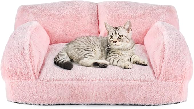 Cat Couch Bed with Removable Cover Washable Pink Small Dog Bed Soft Plush Pet Sofa for Indoor Cats Cute Princess Puppy Cushion, Non-Slip Bottom (Pink, 26x19x13 inch)
