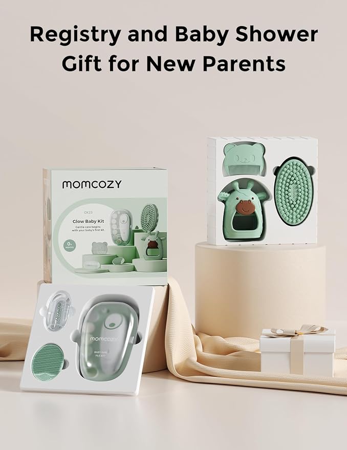 Momcozy Baby Kit, Baby Shower Gift Must-Haves & Registry Essential Kit | Grooming & Cleansing Care Set for Newborn, Electric Nail File, Teether, Bath Brush, Cradle Cap Brush, Comb, Finger Toothbrush