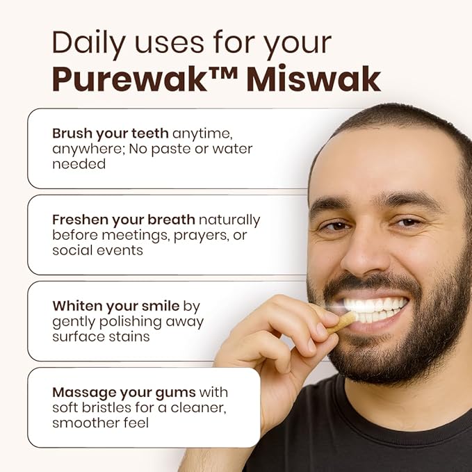 Miswak Sticks, 100% Natural Miswak, Whitens Naturally, Freshens Breath, Miswak Sticks, Traditional Tooth Cleaning Sticks, 3 Months Supply, 1 Pack, 12 Miswak Sticks with Holder.