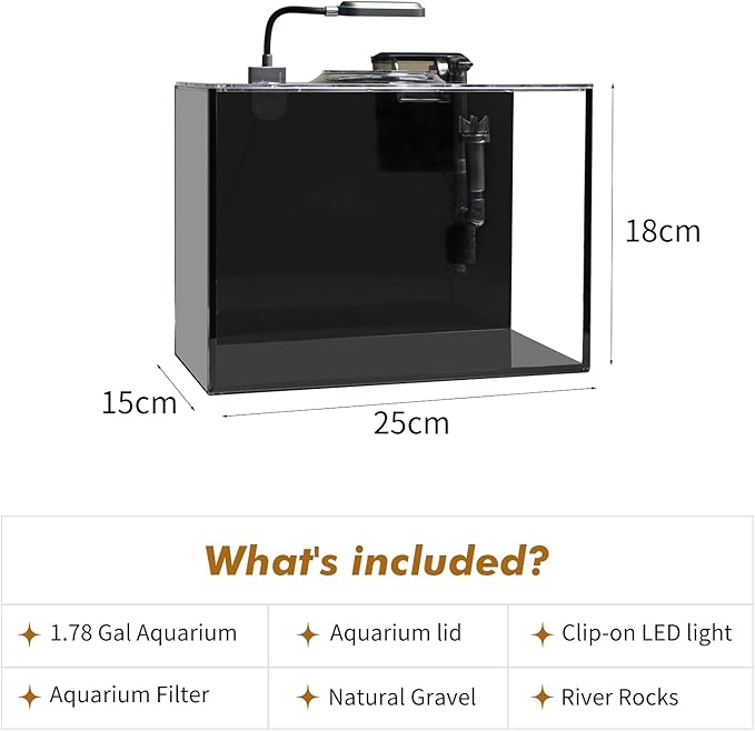 Rise Torrent Glass Fish Tank, 1.78 Gallon Betta Fish Tank Aquarium Starter Kit with Filter and Light, Small Desktop Aquarium Kit for Betta, Goldfish, Small Fish or shrimg