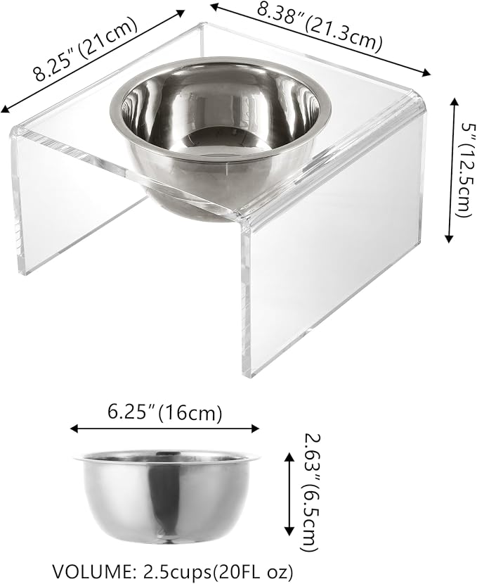 DBL2002A Keaton 5" Small/Medium Modern Acrylic Rectangular Elevated Pet Feeder with 20oz 1-Stainless Steel Bowl, Clear/Chrome