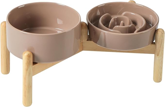 Havniva Elevated Slow Feeder Dog Bowls, Ceramic Dog Bowl Slow Feeder Set | 0.9 Cups Raised Slow Feeder Dog Bowl for Small Breed, 6.1” Dog Water Bowl with Wooden Stand, Puzzle Dog Food Bowl, Non-slip