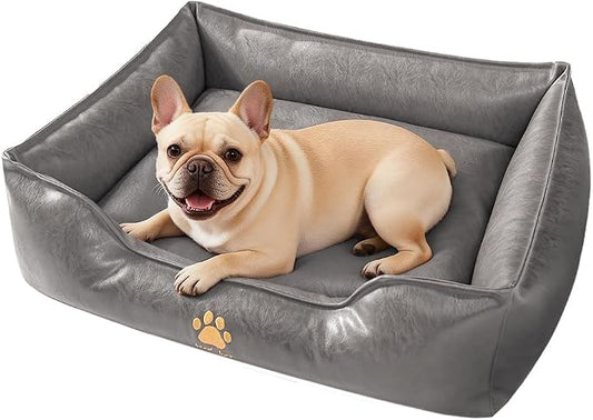 SOMAHE Waterproof Leather Dog Bed, Bolster Couch, 24x19x9 Grey | Wipe-Clean Waterproof Leather + Removable Cushion: raised bolsters create a cozy bed for small-medium dogs.