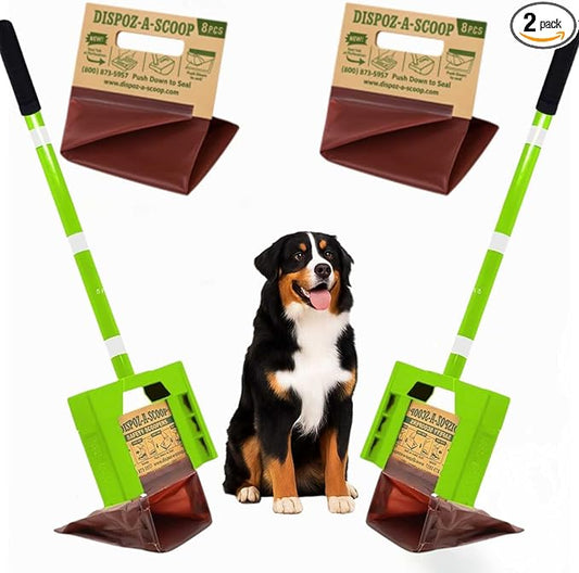 Dispoz-A-Scoop® Revolutionary 4-in-1 Dog Poop Scooper, 24" Handle & 8 Refill Bags - Fast, Easy, Clean with Disposable Bag Attachment, Just Scoop & "Pop" into trash. U.S.A, Always Stays Clean.