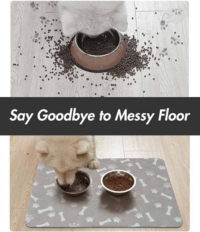 MontVoo Dog Food Mat-Pet Feeding Mat for Food and Water-No Stains Quick Dry Dispenser Cat Bowl Mat for Messy Drinkers(14"x22" Grey)