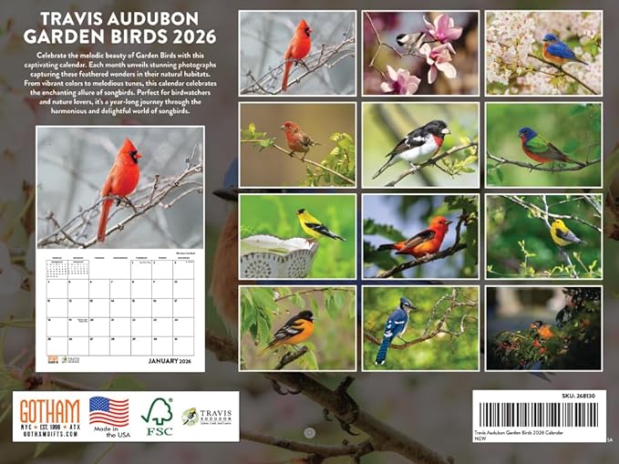 Travis Audubon Garden Bird Calendar 2026 Wall Monthly Birds Gifts For Bird Lovers Women Men | American Made In The USA