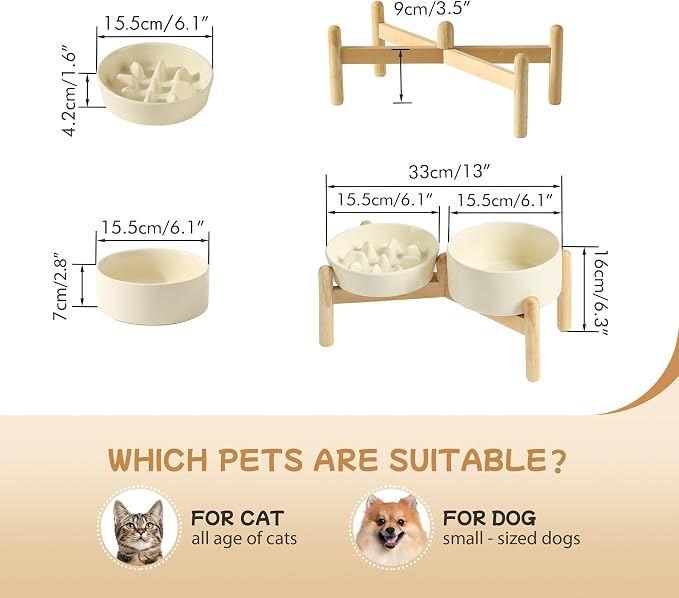 Havniva Elevated Slow Feeder Dog Bowls, Ceramic Dog Bowl Slow Feeder Set | 0.9 Cups Raised Slow Feeder Dog Bowl for Small Breed, 6.1” Dog Water Bowl with Wooden Stand, Puzzle Dog Food Bowl, Non-slip