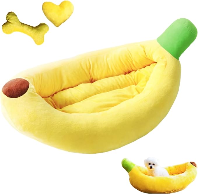 Banana Pet Bed for Small Dogs and Cats, Cozy Enclosed Calming Cave Bed with Removable Plush Cushion for Indoor Kittens Puppies Small Pets (Banana Bed + Bone Toy, X-Large)