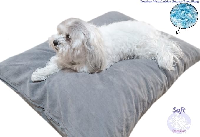Durable Comfort Micro-Cushion Memory Foam Pet Dog Pillow Bed Waterproof Liner + External Cover for S,M,L Dogs- Complete Set (Gray Microsuede, 48''x29'')