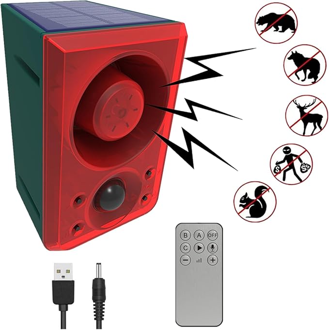 HULPPRE Solar Outdoor Motion Sensor Alarm-Dog Barking or Gunshot Sound,Support Recording&±Volume,130db Loud Noise Maker,3 Work Modes Strobe Light with USB,Say Goodbye to The Intruders