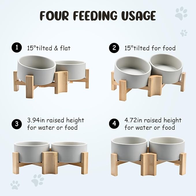 SPUNKYJUNKY 15° Slanted Ceramic Dog and Cat Bowl with Wooden Stand, Tilted Bulldog Food and Water Bowl No Slip Non-Spill for Cats Medium Dogs Big Face Pets 28.7 OZ (3.6 Cups, Grey × 2)