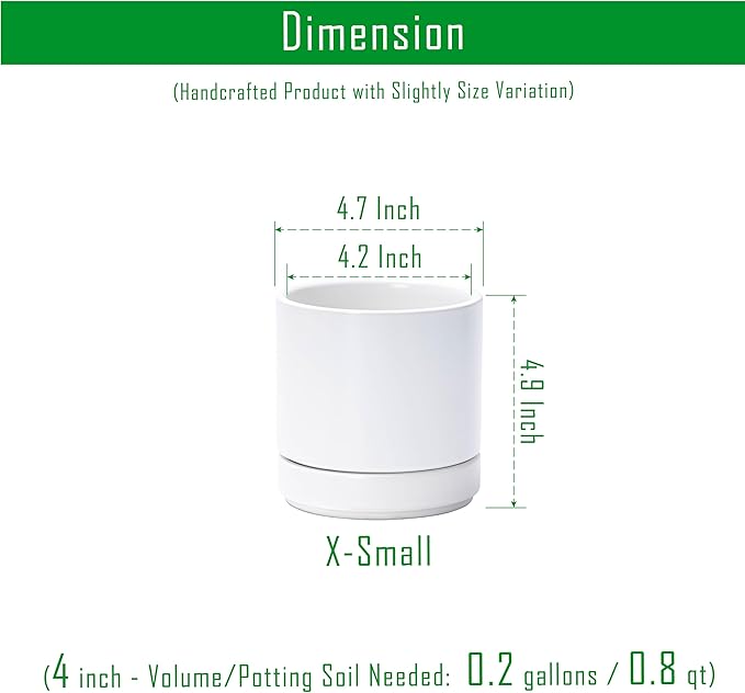 D'vine Dev 4.7 Inch Ceramic Planter Pot, White, 94-O-B-1 | Modern Cylinder Design, Drainage Hole & Saucer Included, Stable Structure, Elegant Home Accent