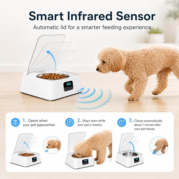 Open Lid Pet Feeder, Automatic Cat Feeder with Infrared Sensor Cover, Removable Bowl Battery Powered Intelligent Automatic Opening Lid Dog Feeder, Pet Food Dispenser for Cats and Dogs