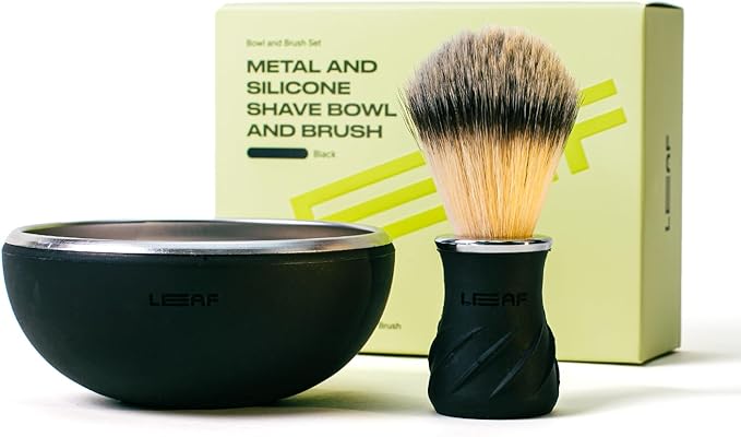 Leaf Shave Leaf Bowl and Brush Set - Grooming Bowl & Lather Brush, Black | Stainless steel and silicone, compatible with shave soap bars and refills
