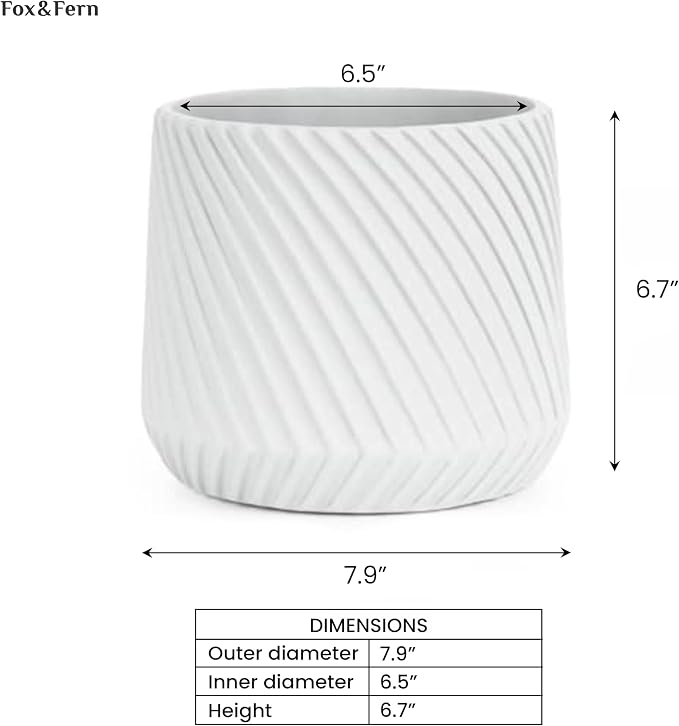 Fox & Fern Large Indoor Planter, Modern Large Plant Pot for Indoor or Outdoor, UV and Frost Resistant - 8 Inch, Matte White Flower Pot with Drainage Plug, 3D Printed Design