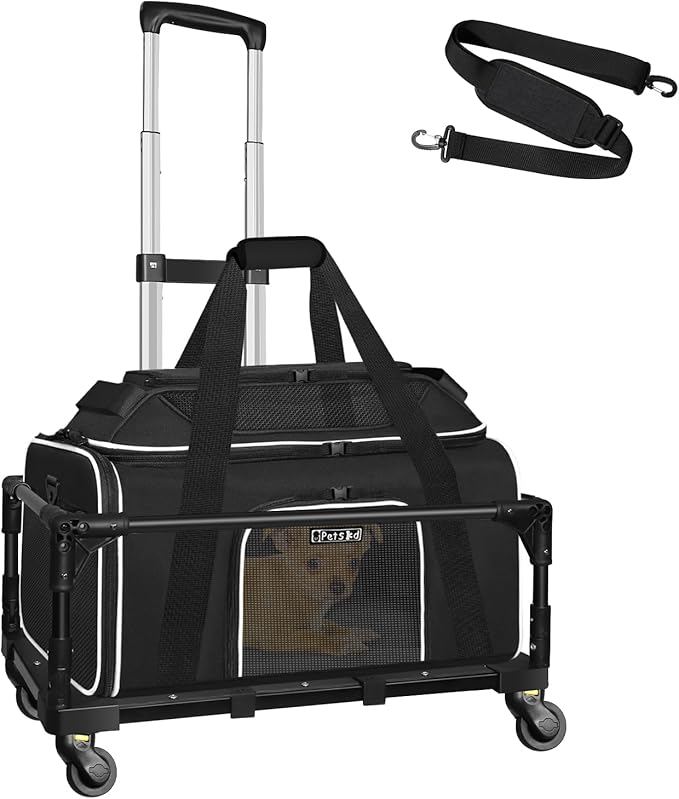 Top-Expandable Small Pet Carrier with Wheels Airline Approved | 18"x11"x11", for Delta/American/United Airlines, Lockable Safety Zippers and Anti-Scratch Mesh, Pets Under 10 Lbs, Black
