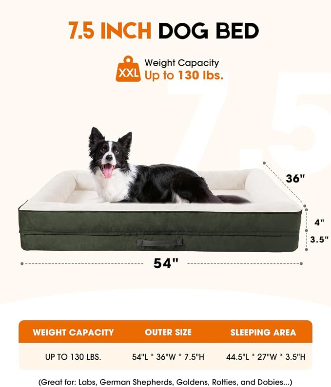 Upvilla Orthopedic Dog Bed XXL, Four-Sided Dog Sofa, Washable Cover, Green | Removable Waterproof Dog Bed Cover, Egg-Crate Orthopedic Foam, Built-In Carry Handle, Indoor Large Pet Beds, Cat Beds