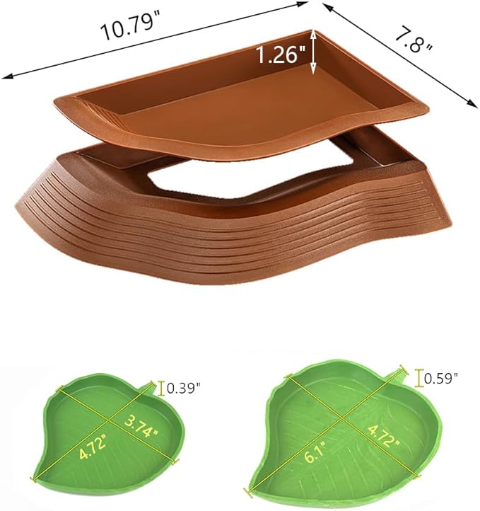 3 Pcs Tortoise Water Dish with Ramp Leaf Tortoise Water Food Bowls Reptile Water Dish Amphibians Habitat Accessories for Lizard Turtle Horned Frog Brown
