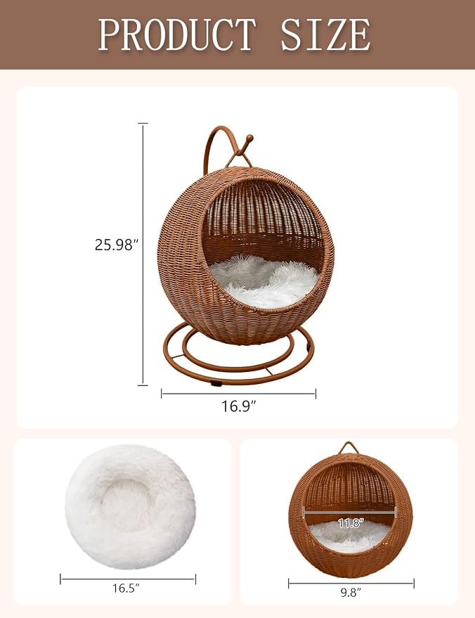 Wicker Cat Bed Indoor & Outdoor, Handwoven PP Rattan Cat Swing Bed with Removable Washable Cushion, Breathable Waterproof Cat House for Cats & Small Dogs (Large–16.9" L × 25.98" H)