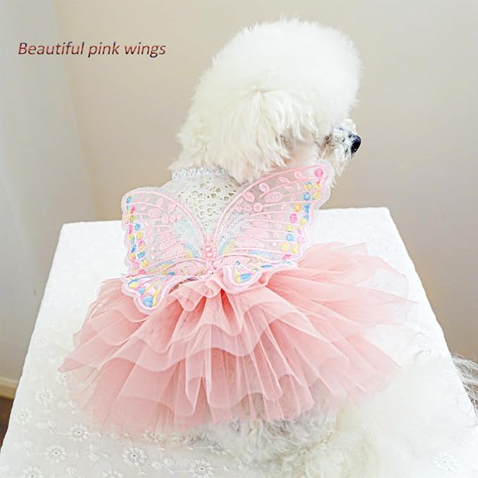 ANIAC Butterfly Dog Dress with Pink Tutu Funny Pet Clothes with Wing Girl Puppy Dress for Small Dogs Pet Butterfly Costume Holiday Cat Outfit for Halloween Birthday Wedding (Pink, Medium)