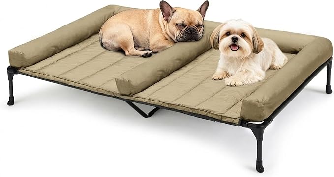 Veehoo Elevated Dog Bed for 2 Dogs, Cooling Raised Dog Bed with Bolster Mat | Outdoor Double Dog Bed with Removable Waterproof Cushion, Breathable Mesh, Non-Slip Feet for Outdoor & Indoor, 49", Beige