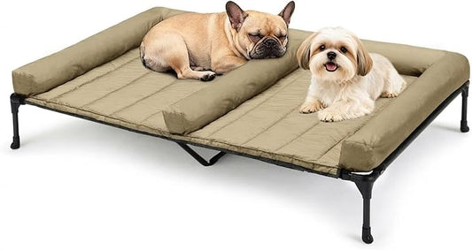 Veehoo Elevated Dog Bed for 2 Dogs, Cooling Raised Dog Bed with Bolster Mat | Outdoor Double Dog Bed with Removable Waterproof Cushion, Breathable Mesh, Non-Slip Feet for Outdoor & Indoor, 49", Beige