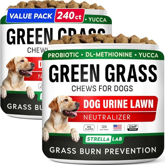 STRELLALAB Dog Pee Grass Chews - Urine Neutralizer for Green Grass Burn Spots - Grass Treatment for Pet Urine - Green Lawn Chews for Dogs with Probiotics - Made in USA (240Ct)