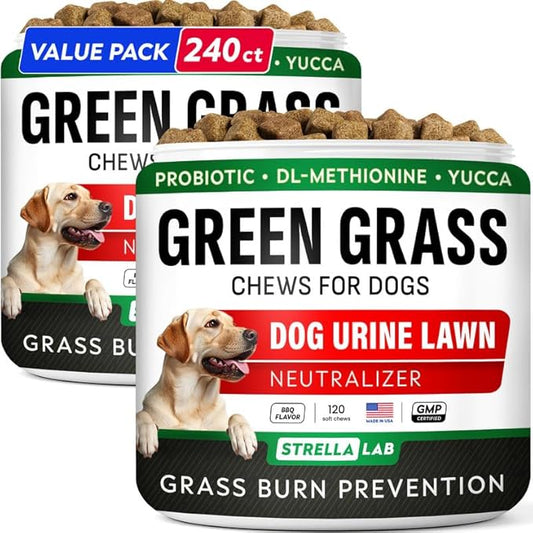 STRELLALAB Dog Pee Grass Chews - Urine Neutralizer for Green Grass Burn Spots - Grass Treatment for Pet Urine - Green Lawn Chews for Dogs with Probiotics - Made in USA (240Ct)