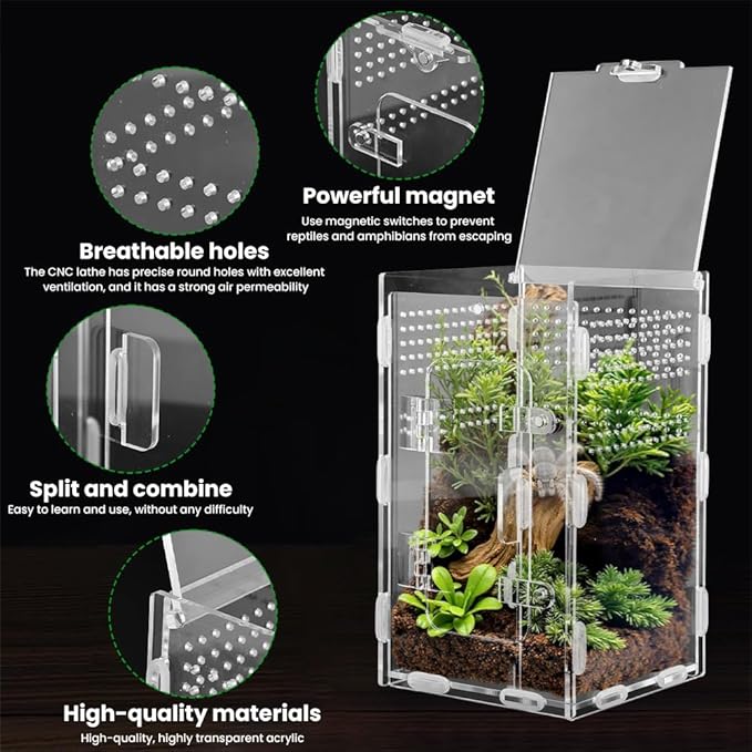 Jumping Spider Terrarium, Complete Acrylic Habitat Kit with Dual Doors, Feeding Tools for Spiders, Tarantulas, Mantis, Small Reptiles, 4.7x4.7x7.9 Inch