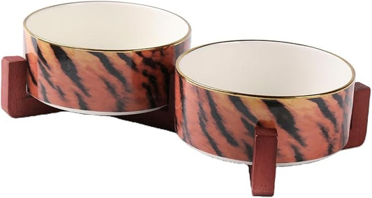 Dog Bowl Set with Wood Stand, Non-Slip Anti-Tip Elevated Design, Double Ceramic Animal Food Water Cat Bowls, Suitable for Large/Medium Sized Dog Pet Feeder Dish Station - 32 OZ, Tiger Stripe